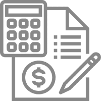 Calculator, document, pencil, and dollar symbol icon.